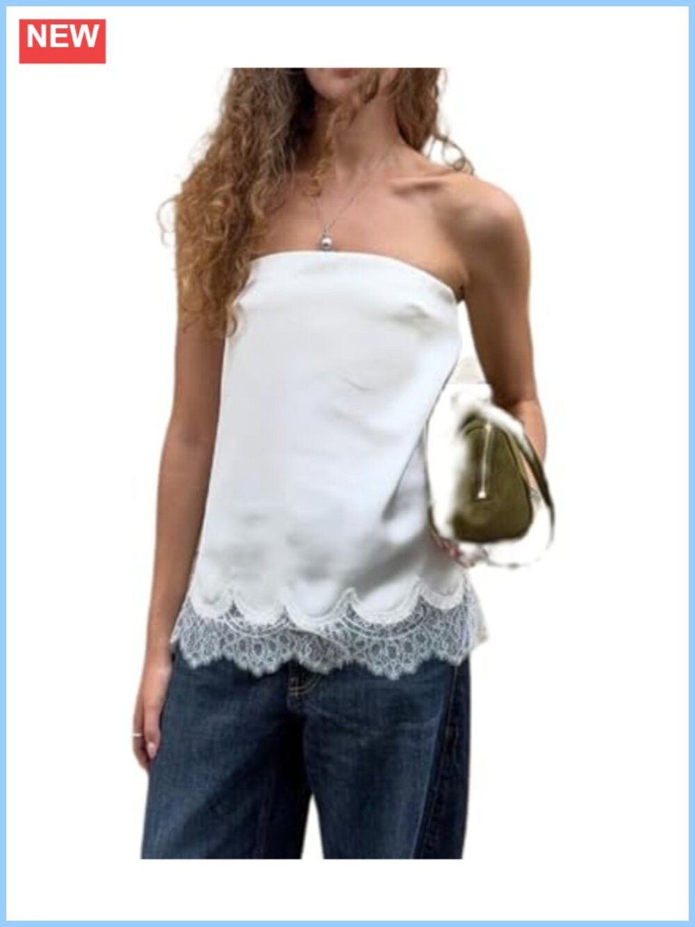 Satin Lace Tube Top Strapless Asymmetrical Off Shoulder Bandeau